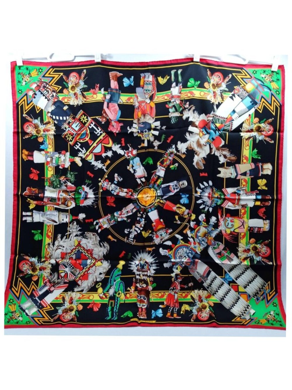 Authentic Hermès Kachinas Carré 90 Silk Scarf Black Multicolor - Picture 2 of 10